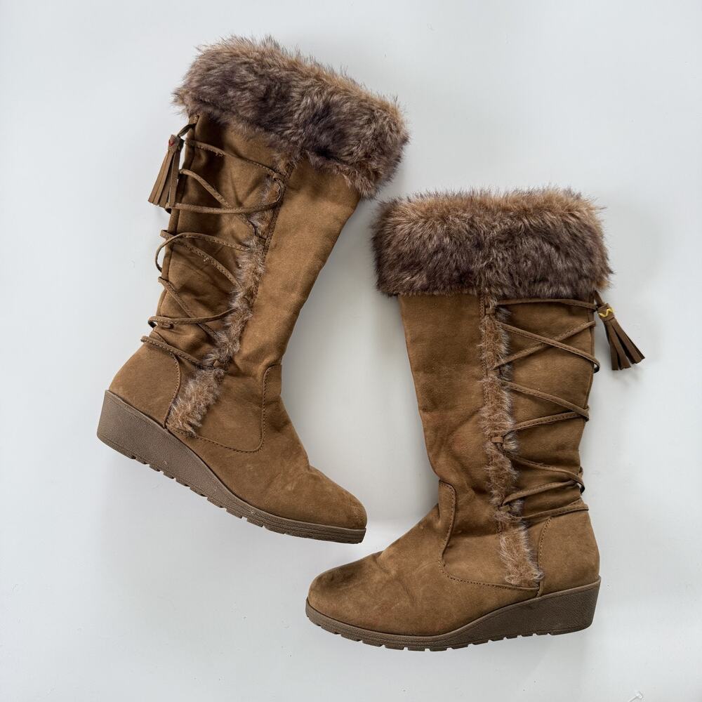 Target Boots Womens Size 5 Brown Faux Fur Wedge Mid Calf Snow Zip Lace Up Lined